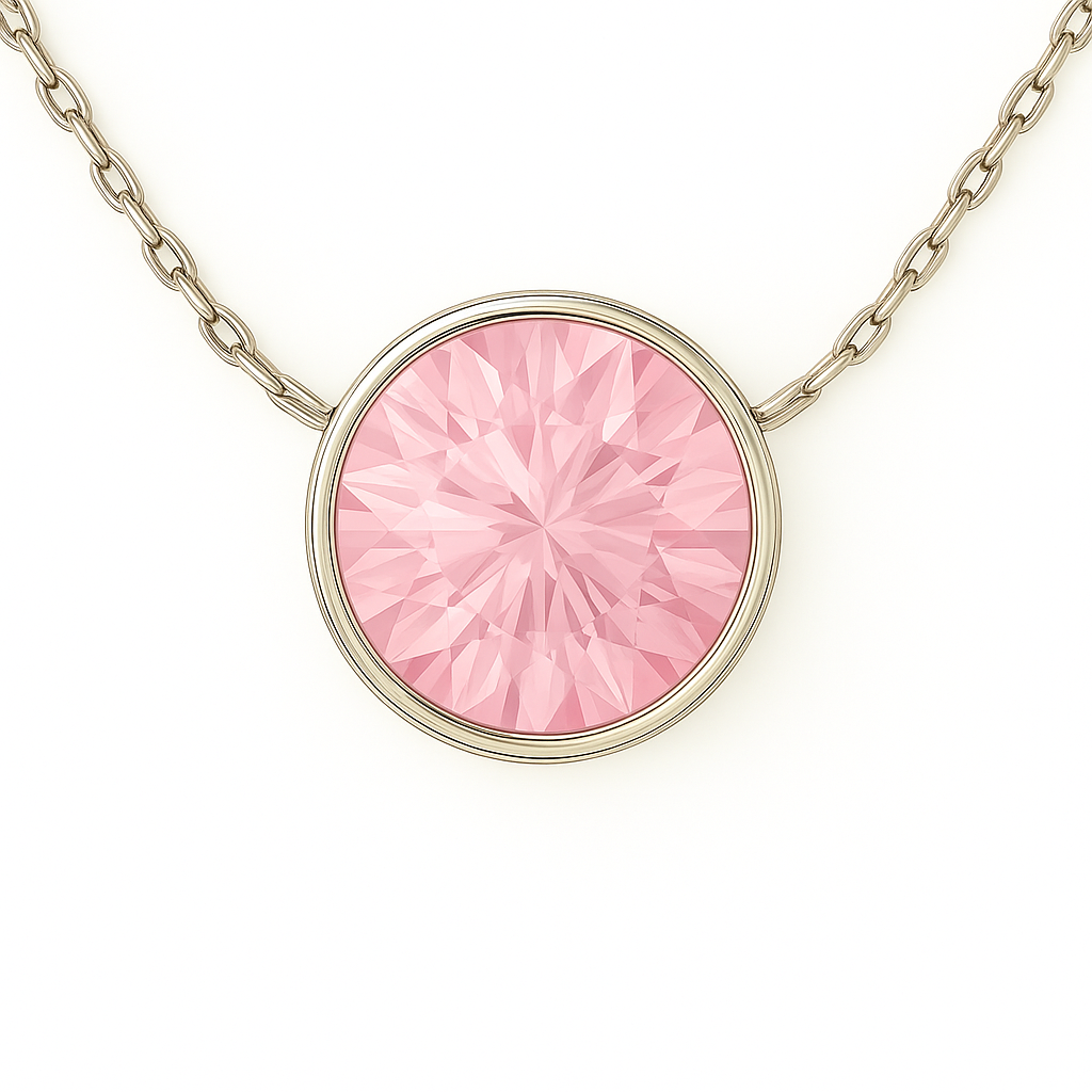 Rose quartz solitaire necklace, 6 mm round brilliant cut, crafted in white gold-plated 925 silver with palladium alloy. Available now at BSI Jewelry.