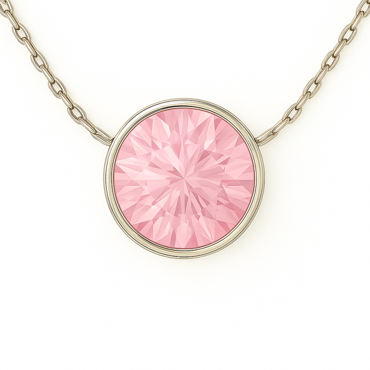 Rose quartz solitaire necklace, 6 mm round brilliant cut, crafted in white gold-plated 925 silver with palladium alloy. Available now at BSI Jewelry.