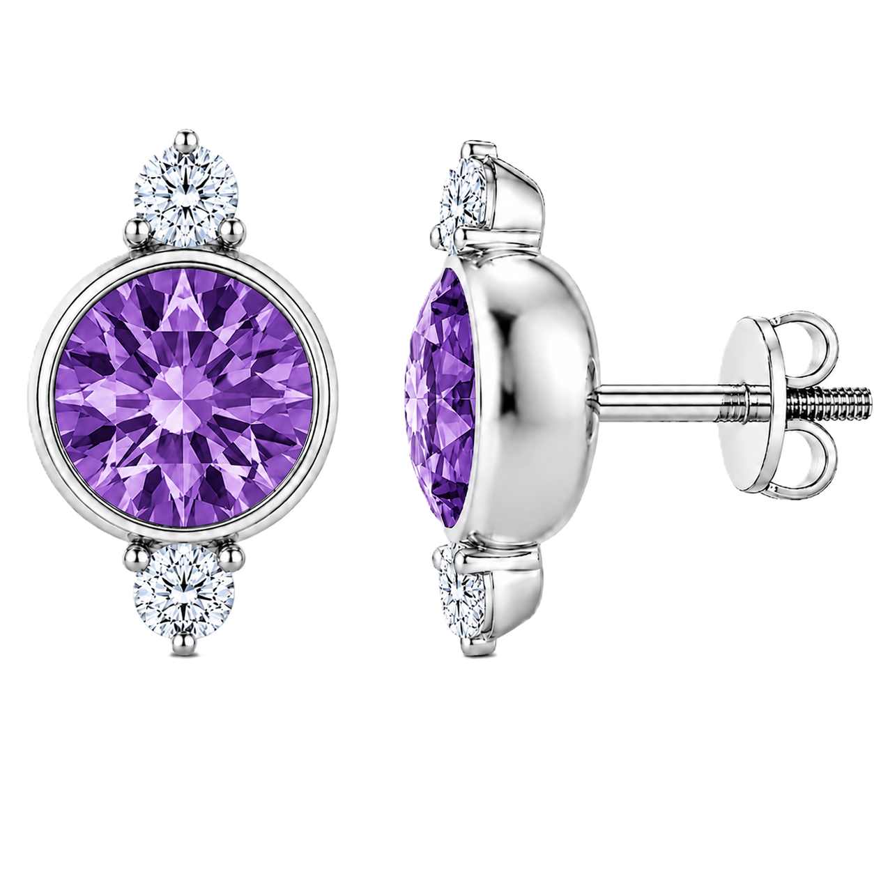 Amethyst stud earrings, 7 mm round with moissanite accents in white gold-plated 925 silver. Elegant and hypoallergenic. Available now at BSI Jewelry.
