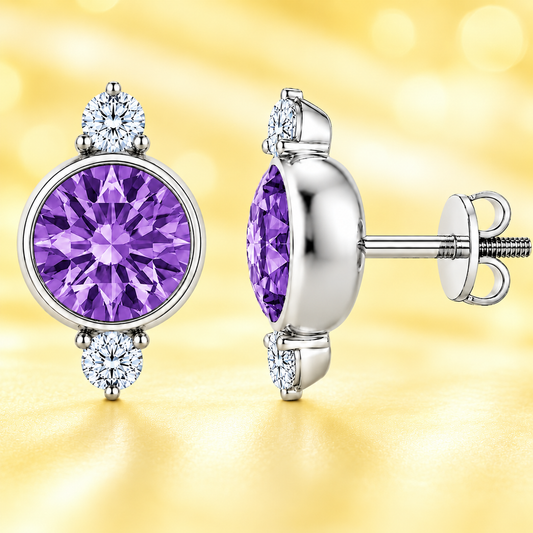 Amethyst stud earrings, 7 mm round with moissanite accents in white gold-plated 925 silver. Elegant and hypoallergenic. Available now at BSI Jewelry.