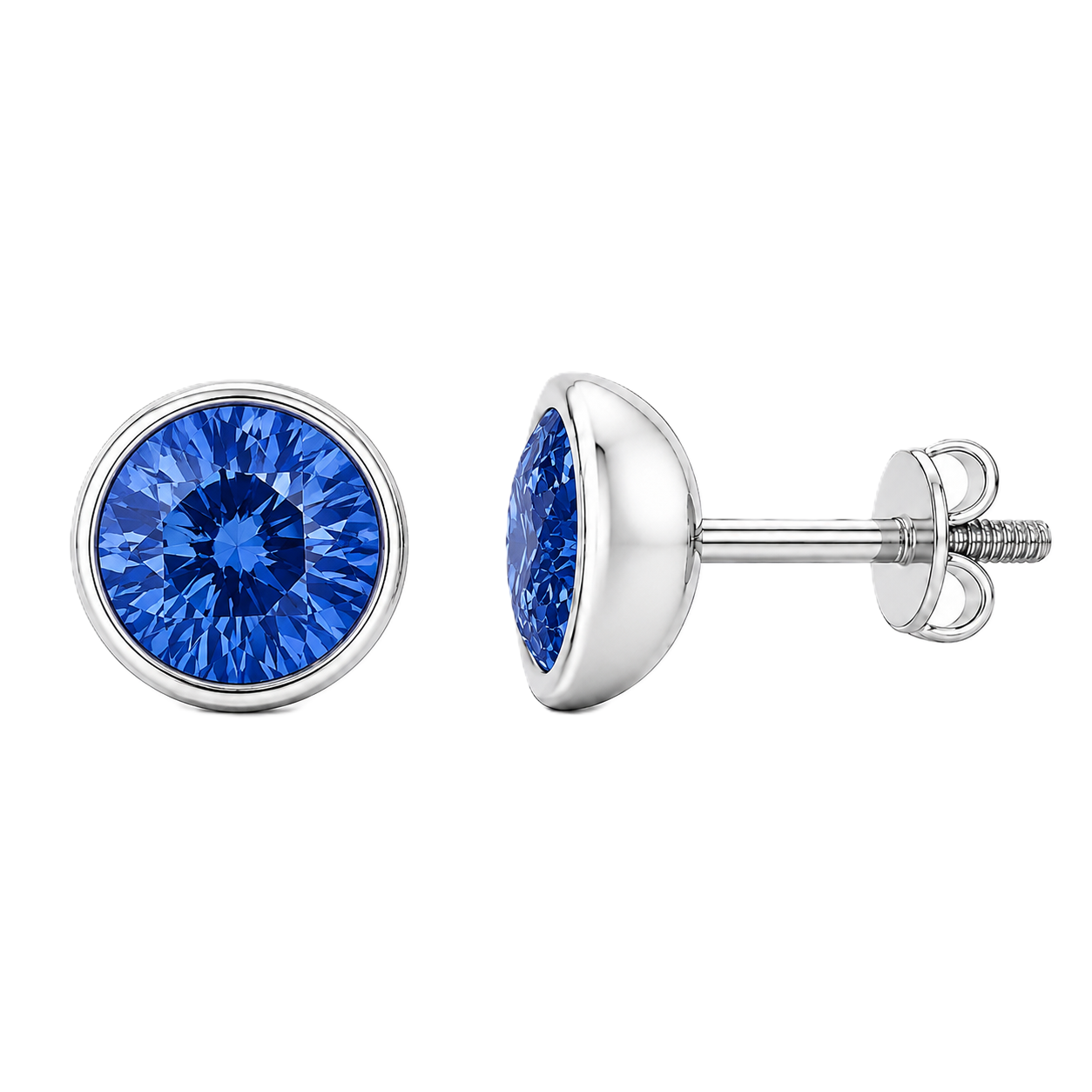 Round blue sapphire stud earrings, 4 mm round, crafted in white gold-plated 925 silver. Elegant screw-back design for daily wear. Available now at BSI Jewelry.