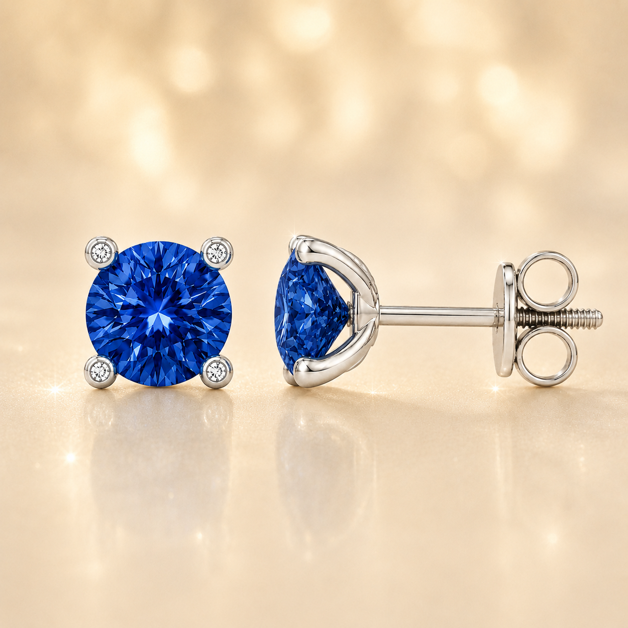Round blue sapphire stud earrings with 5 mm stones and moissanite prongs in white gold plated 925 silver. Available now at BSI Jewelry.