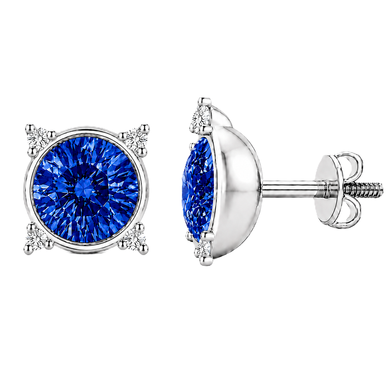 Round blue sapphire stud earrings with moissanite accents in white gold-plated 925 silver. Elegant and hypoallergenic. Available now at BSI Jewelry.