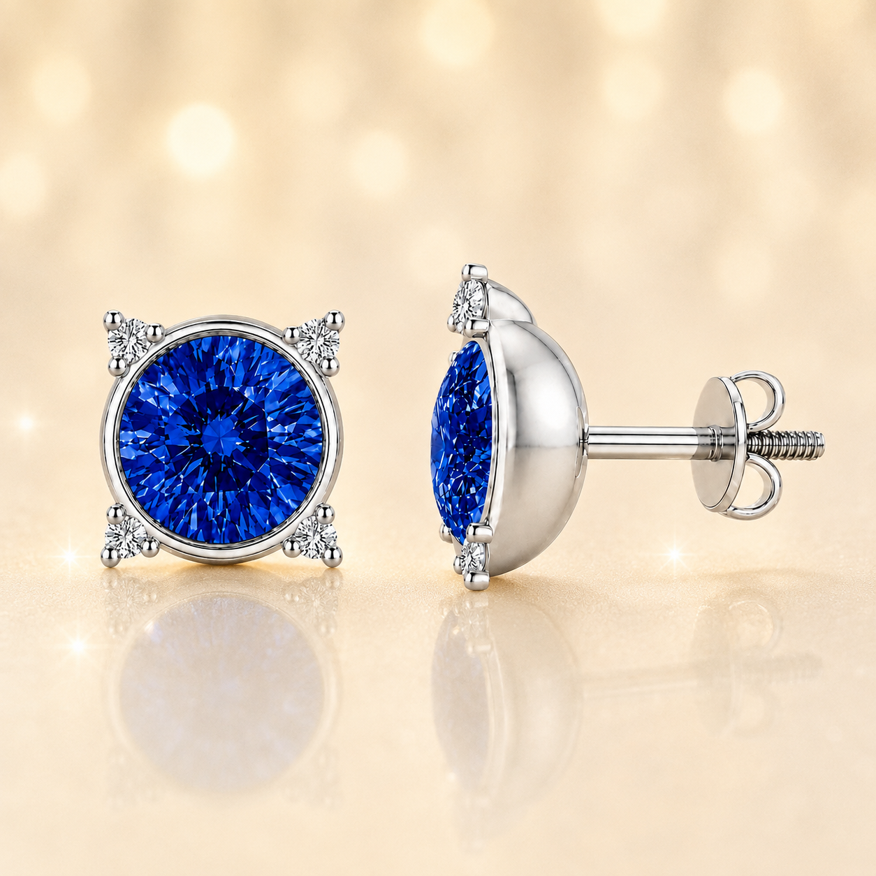 Round blue sapphire stud earrings with moissanite accents in white gold-plated 925 silver. Elegant and hypoallergenic. Available now at BSI Jewelry.