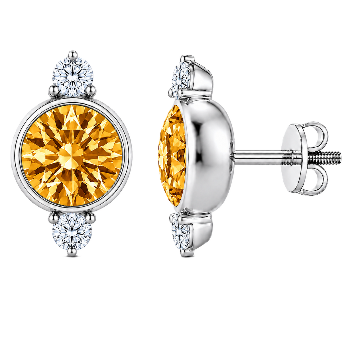 Citrine stud earrings, 7 mm round with moissanite accents in white gold-plated 925 silver. Elegant and hypoallergenic. Available now at BSI Jewelry.
