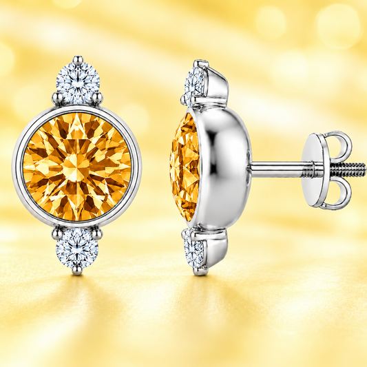Citrine stud earrings, 7 mm round with moissanite accents in white gold-plated 925 silver. Elegant and hypoallergenic. Available now at BSI Jewelry.