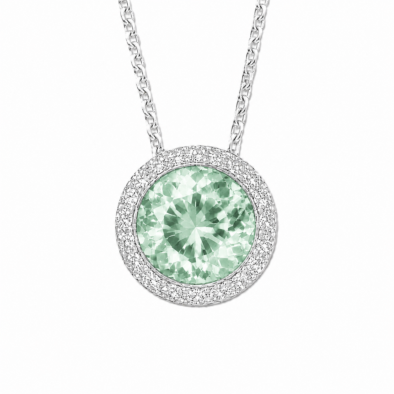 Green amethyst pendant with a 7 mm round gemstone in white gold-plated 925 silver. Elegant and hypoallergenic. Available now at BSI Jewelry.
