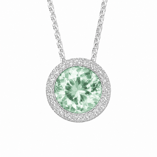 Green amethyst pendant with a 7 mm round gemstone in white gold-plated 925 silver. Elegant and hypoallergenic. Available now at BSI Jewelry.