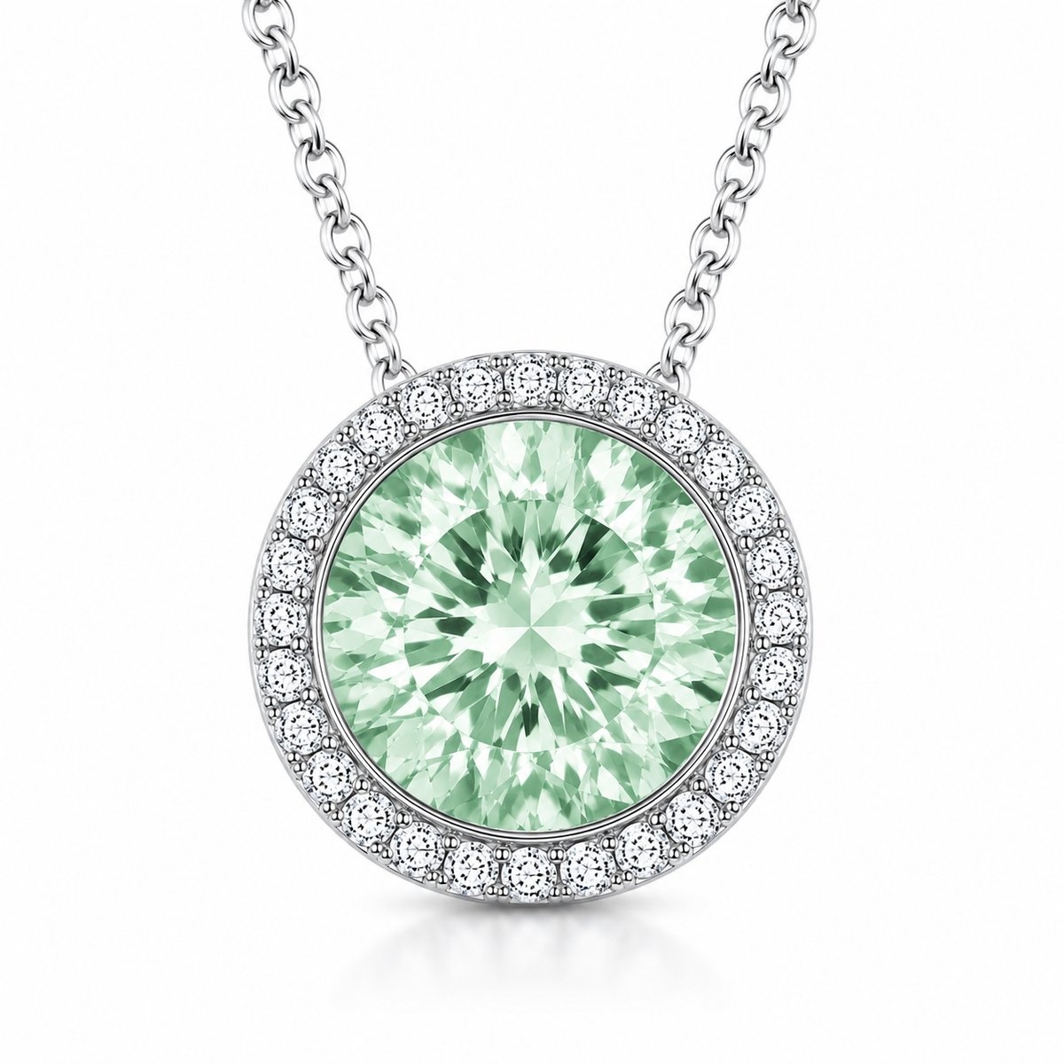 Green amethyst pendant with a 7 mm round gemstone in white gold-plated 925 silver. Elegant and hypoallergenic. Available now at BSI Jewelry.