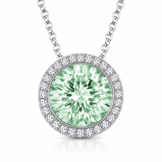 Green amethyst pendant with a 7 mm round gemstone in white gold-plated 925 silver. Elegant and hypoallergenic. Available now at BSI Jewelry.