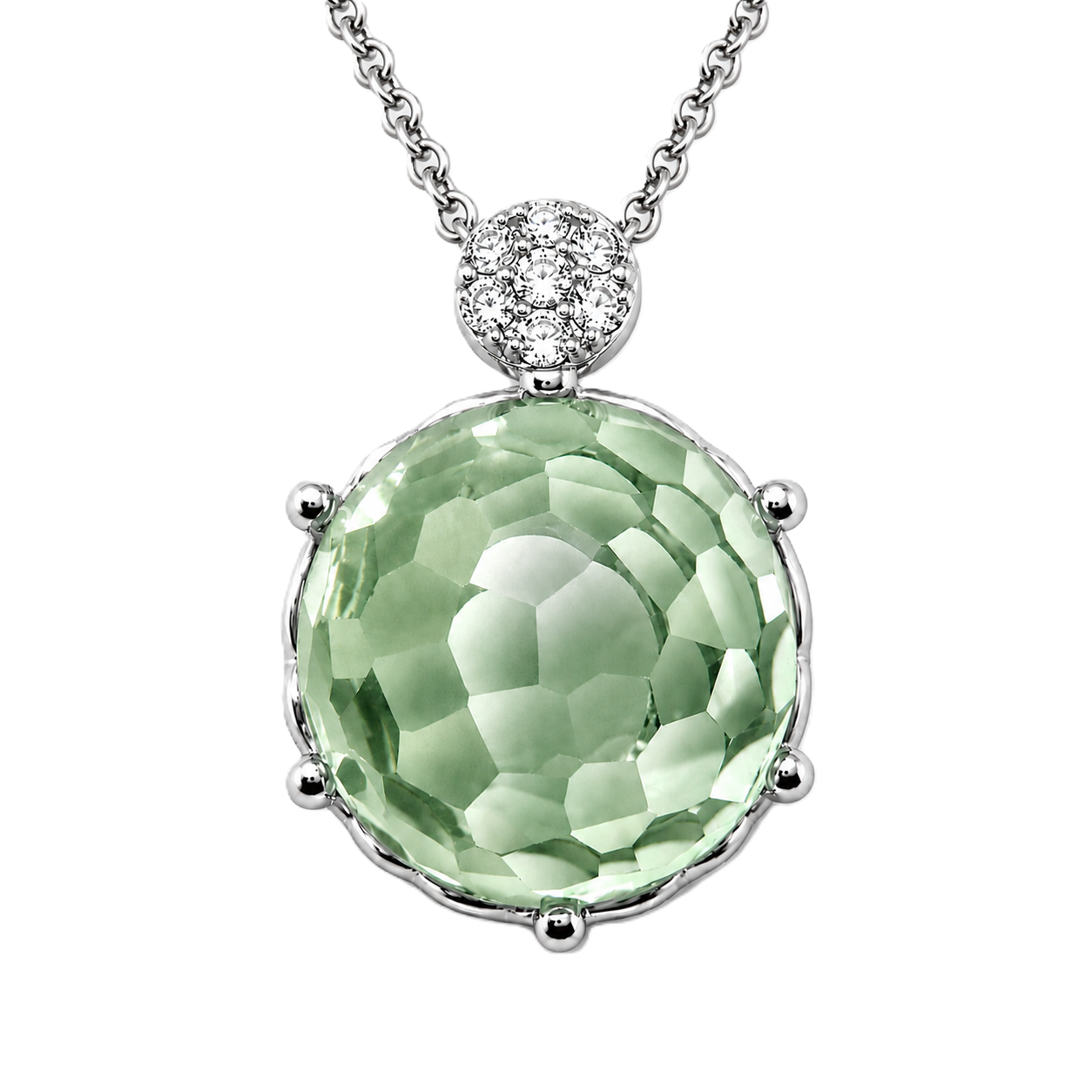 Round green amethyst pendant with an 8 mm cabochon gemstone in white gold-plated 925 silver. Elegant and hypoallergenic. Available now at BSI Jewelry.