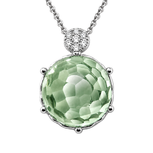 Round green amethyst pendant with an 8 mm cabochon gemstone in white gold-plated 925 silver. Elegant and hypoallergenic. Available now at BSI Jewelry.