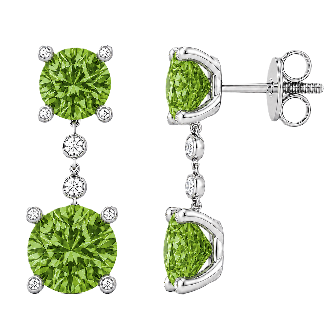 Round green sapphire drop earrings with 4 & 5 mm stones in white gold-plated 925 silver. Elegant and hypoallergenic. Available now at BSI Jewelry.