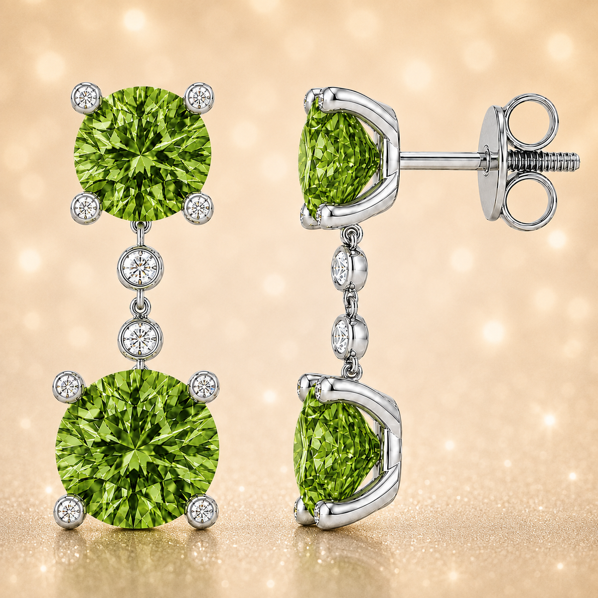Round green sapphire drop earrings with 4 & 5 mm stones in white gold-plated 925 silver. Elegant and hypoallergenic. Available now at BSI Jewelry.