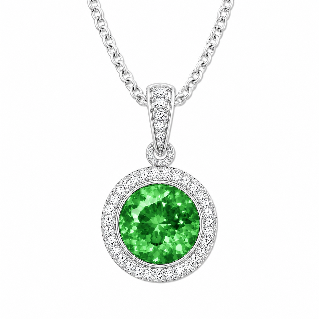 Round green sapphire pendant, 6 mm round, crafted in white gold-plated 925 silver with moissanite halo accents. Available now at BSI Jewelry.