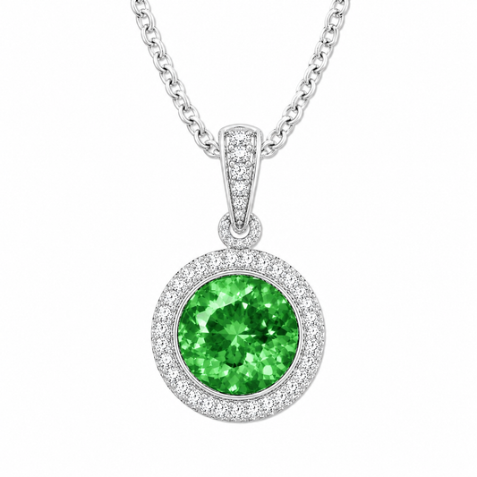 Round green sapphire pendant, 6 mm round, crafted in white gold-plated 925 silver with moissanite halo accents. Available now at BSI Jewelry.