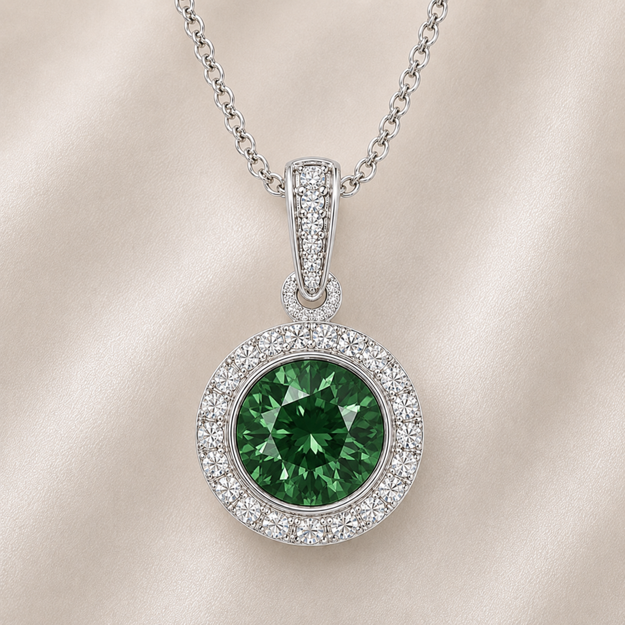 Round green sapphire pendant, 6 mm round, crafted in white gold-plated 925 silver with moissanite halo accents. Available now at BSI Jewelry.