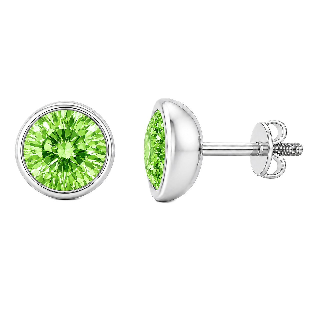 Round green sapphire stud earrings, 4 mm round, crafted in white gold-plated 925 silver. Elegant screw-back design for daily wear. Available now at BSI Jewelry.