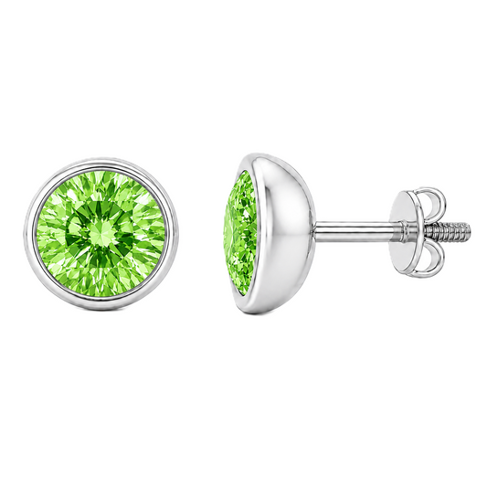 Round green sapphire stud earrings, 4 mm round, crafted in white gold-plated 925 silver. Elegant screw-back design for daily wear. Available now at BSI Jewelry.