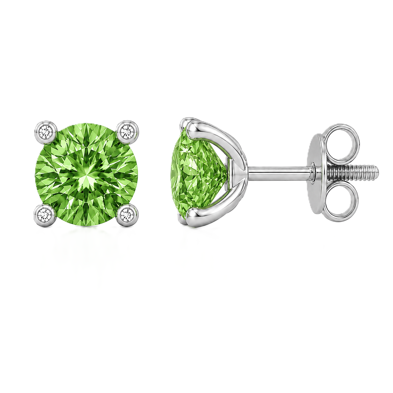 Round green sapphire stud earrings with 5 mm stones and moissanite prongs in white gold plated 925 silver. Available now at BSI Jewelry.