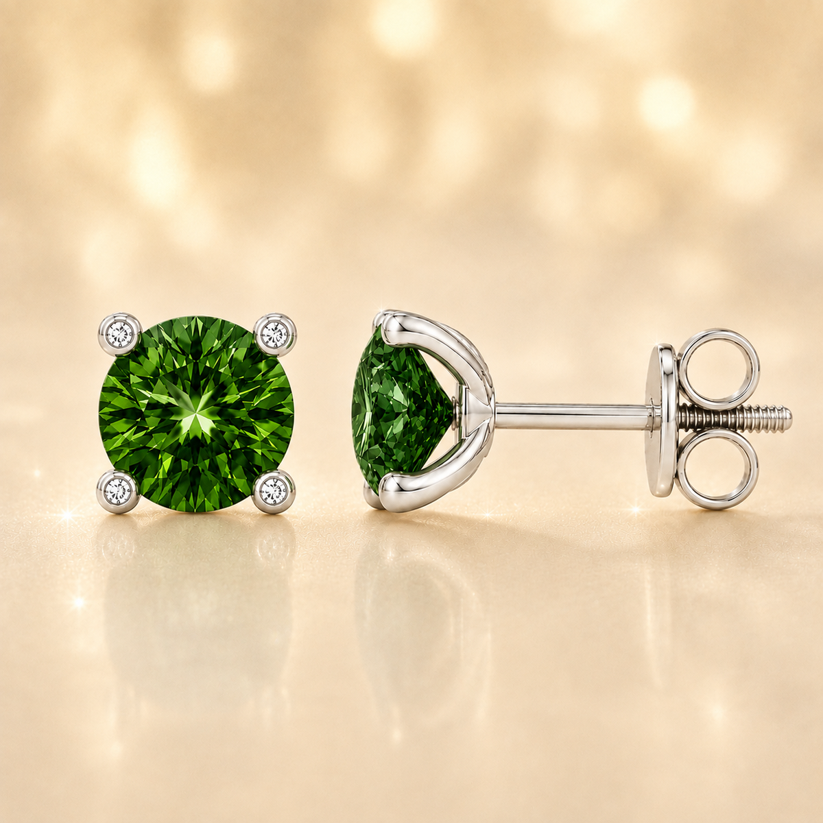 Round green sapphire stud earrings with 5 mm stones and moissanite prongs in white gold plated 925 silver. Available now at BSI Jewelry.