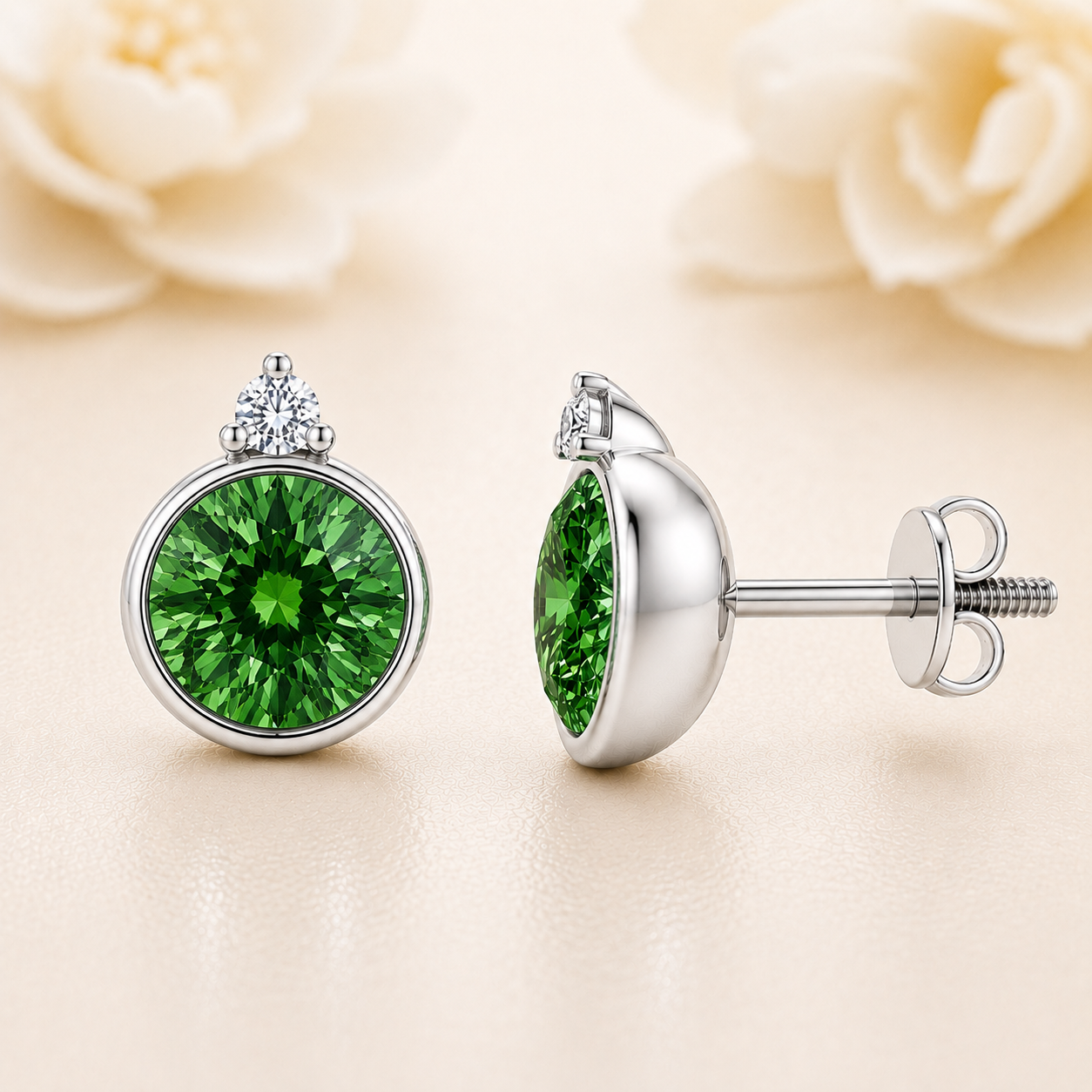 Green sapphire stud earrings, 5 mm round, crafted in white gold-plated 925 silver. Elegant and hypoallergenic. Available now at BSI Jewelry.