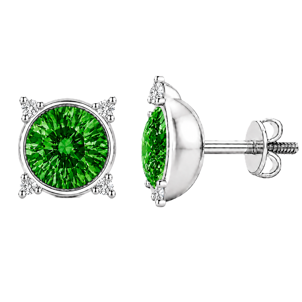 Round green sapphire stud earrings with moissanite accents in white gold-plated 925 silver. Elegant and hypoallergenic. Available now at BSI Jewelry.