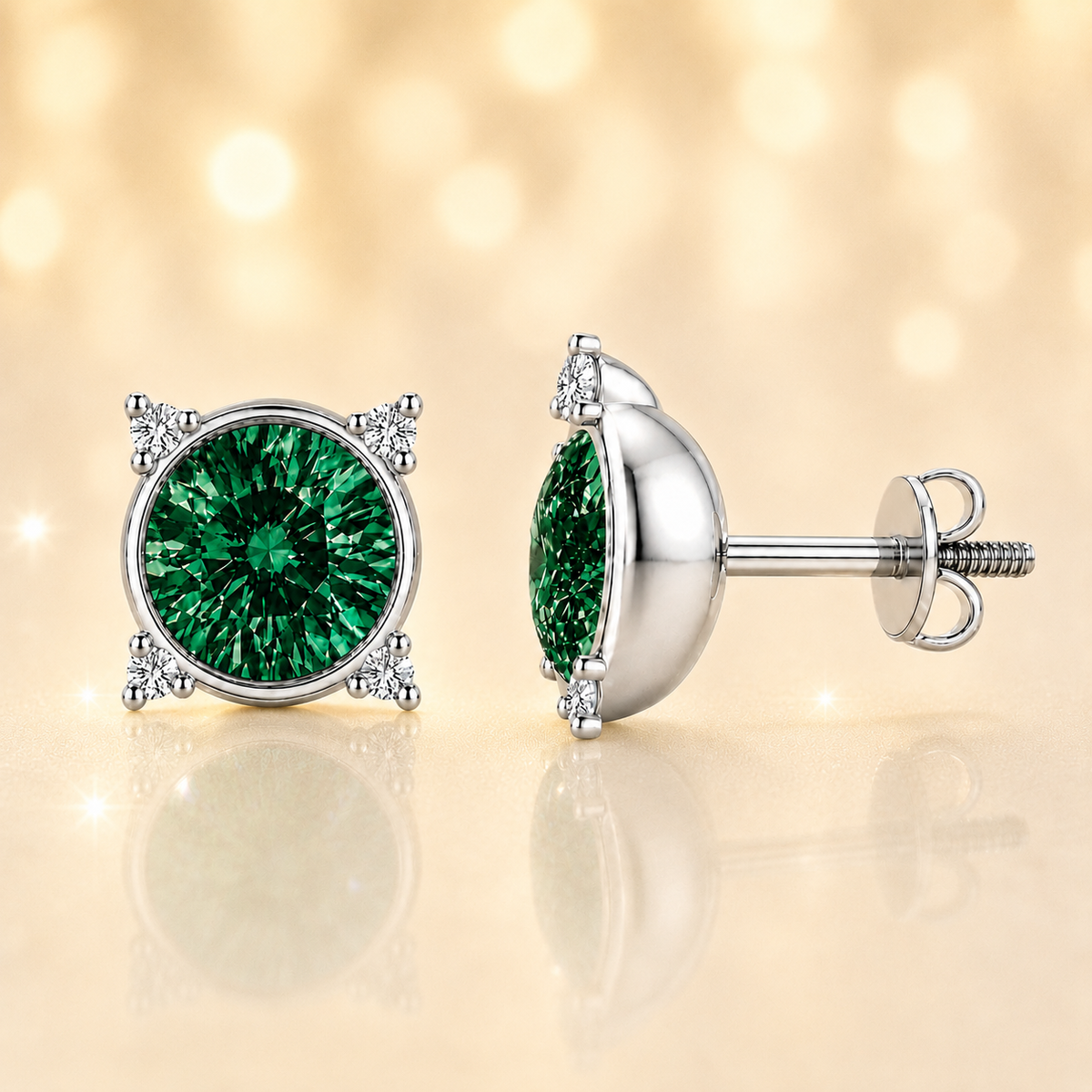 Round green sapphire stud earrings with moissanite accents in white gold-plated 925 silver. Elegant and hypoallergenic. Available now at BSI Jewelry.