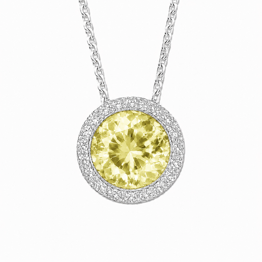 Lemon quartz pendant with a 7 mm round gemstone in white gold-plated 925 silver. Elegant and hypoallergenic. Available now at BSI Jewelry.