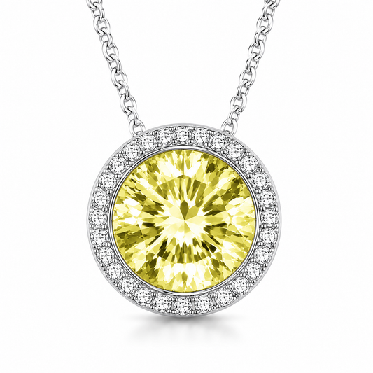 Lemon quartz pendant with a 7 mm round gemstone in white gold-plated 925 silver. Elegant and hypoallergenic. Available now at BSI Jewelry.
