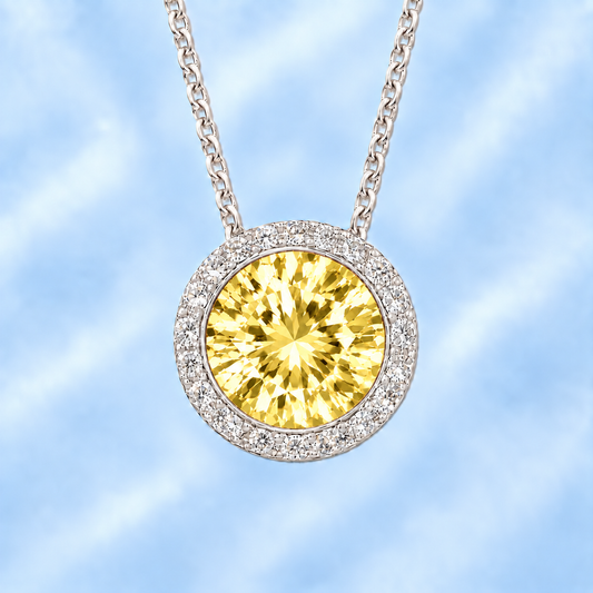 Lemon quartz pendant with a 7 mm round gemstone in white gold-plated 925 silver. Elegant and hypoallergenic. Available now at BSI Jewelry.