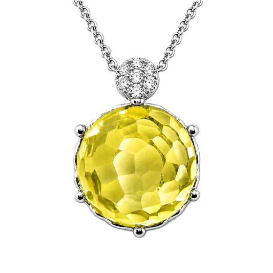 Round lemon quartz pendant with an 8 mm cabochon gemstone in white gold-plated 925 silver. Elegant and hypoallergenic. Available now at BSI Jewelry.