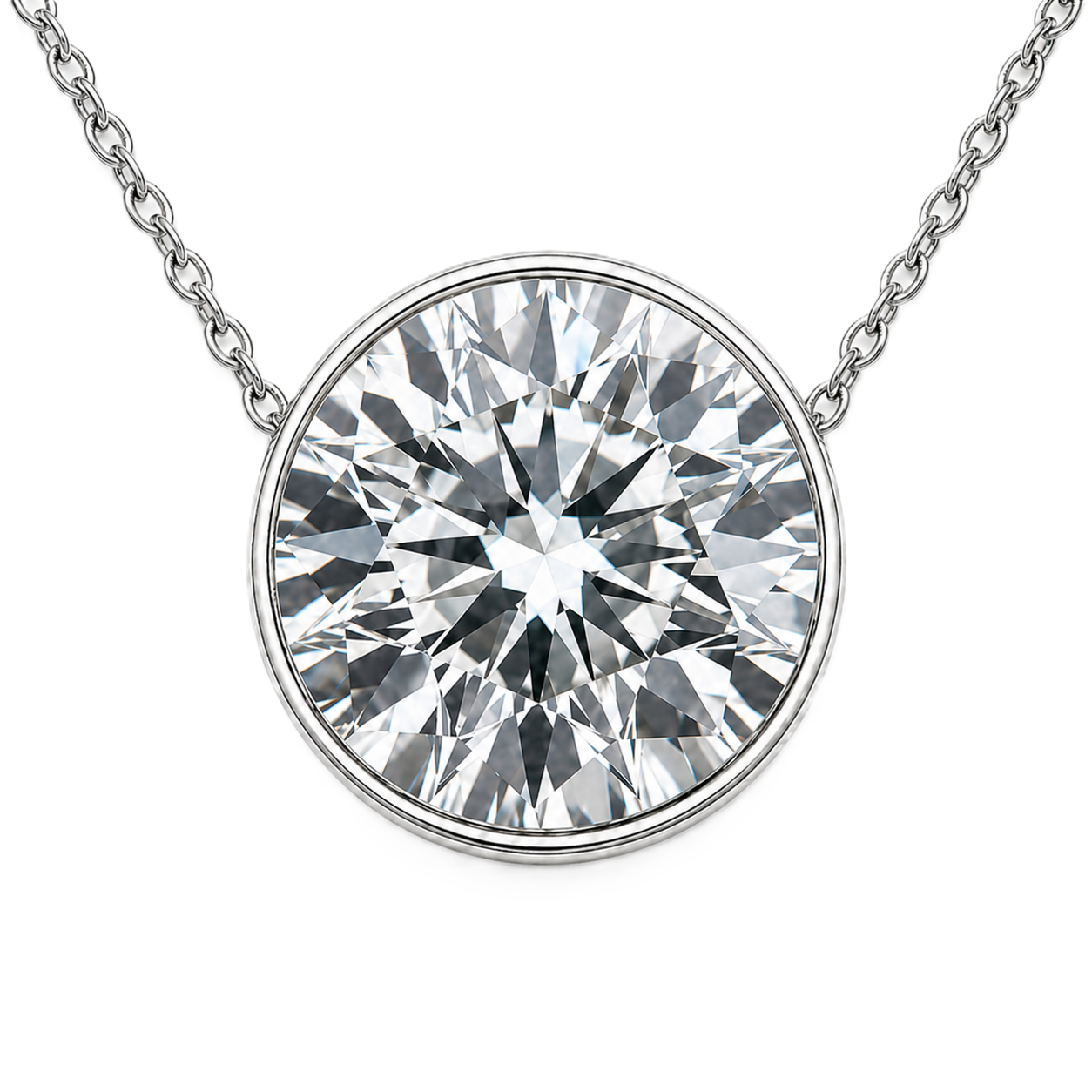 Round moissanite bezel necklace, 10 mm round, crafted in white gold-plated 925 silver. Hypoallergenic and elegant for daily wear. Available now at BSI Jewelry.