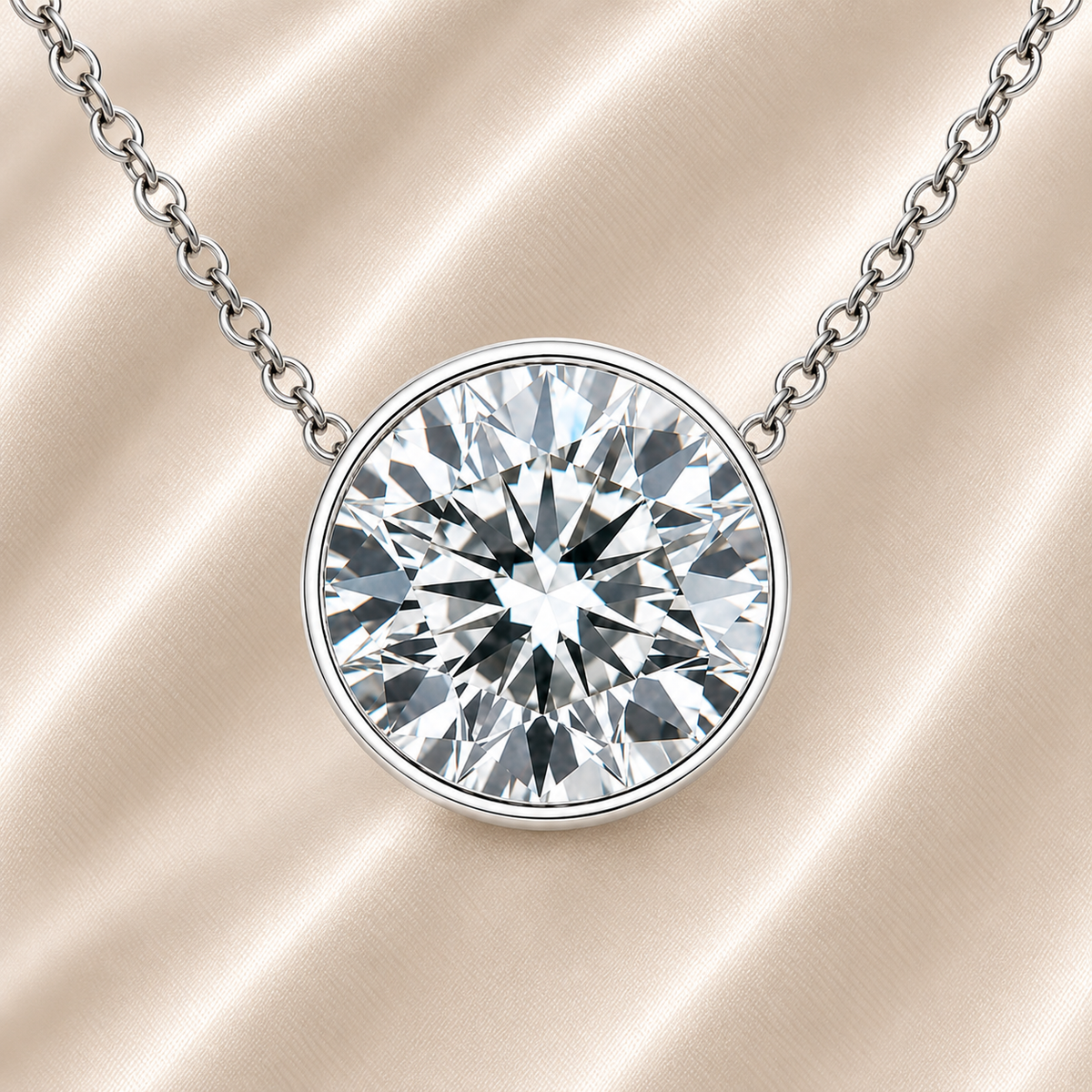 Round moissanite bezel necklace, 10 mm round, crafted in white gold-plated 925 silver. Hypoallergenic and elegant for daily wear. Available now at BSI Jewelry.