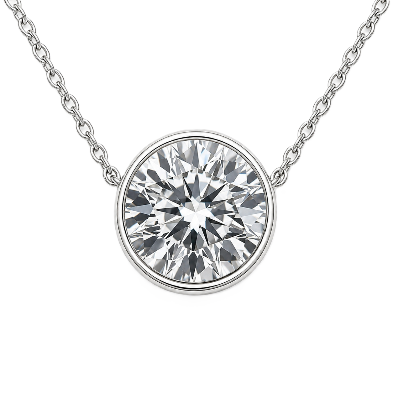 Round moissanite bezel necklace, 7 mm round, crafted in white gold-plated 925 silver. Hypoallergenic and elegant for daily wear. Available now at BSI Jewelry.