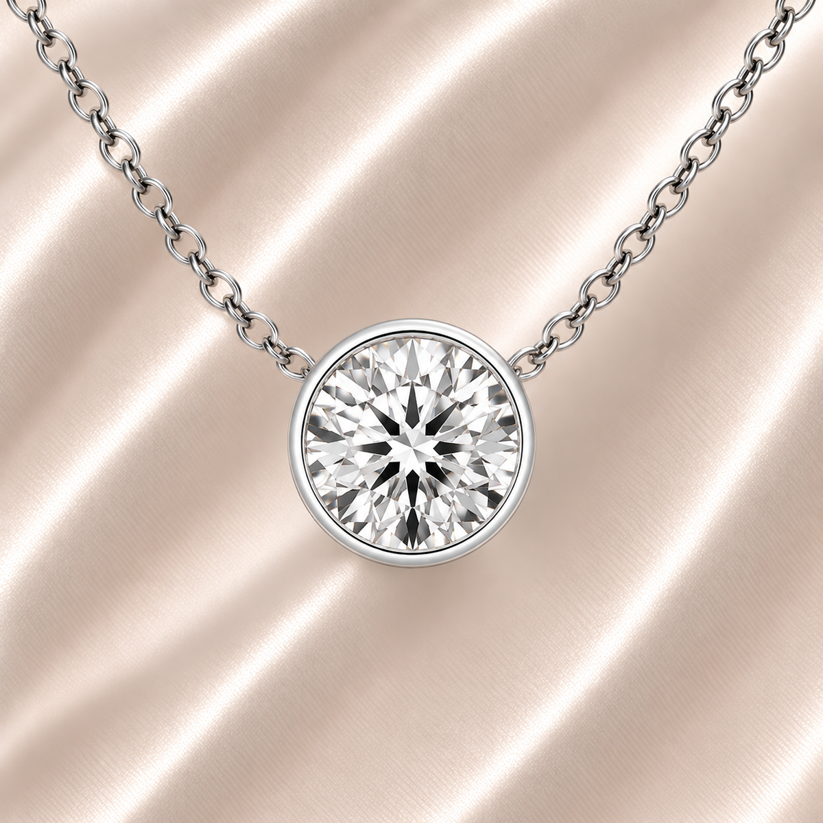 Round moissanite bezel necklace, 7 mm round, crafted in white gold-plated 925 silver. Hypoallergenic and elegant for daily wear. Available now at BSI Jewelry.
