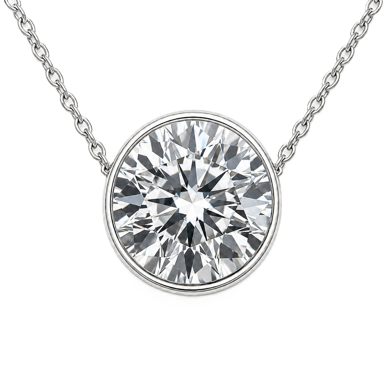 Round moissanite bezel necklace, 8 mm round, crafted in white gold-plated 925 silver. Hypoallergenic and elegant for daily wear. Available now at BSI Jewelry.