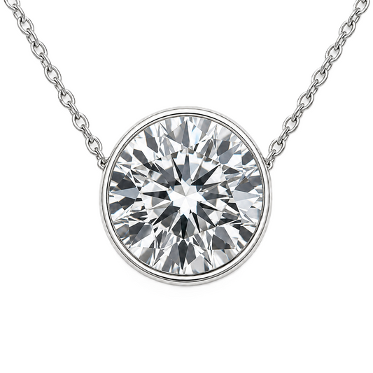 Round moissanite bezel necklace, 8 mm round, crafted in white gold-plated 925 silver. Hypoallergenic and elegant for daily wear. Available now at BSI Jewelry.