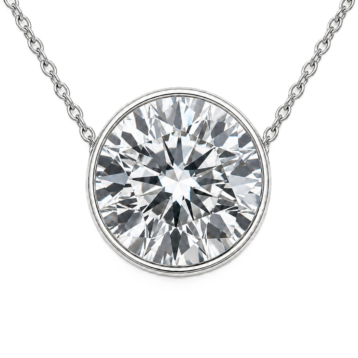 Round moissanite bezel necklace, 9 mm round, crafted in white gold-plated 925 silver. Hypoallergenic and elegant for daily wear. Available now at BSI Jewelry.
