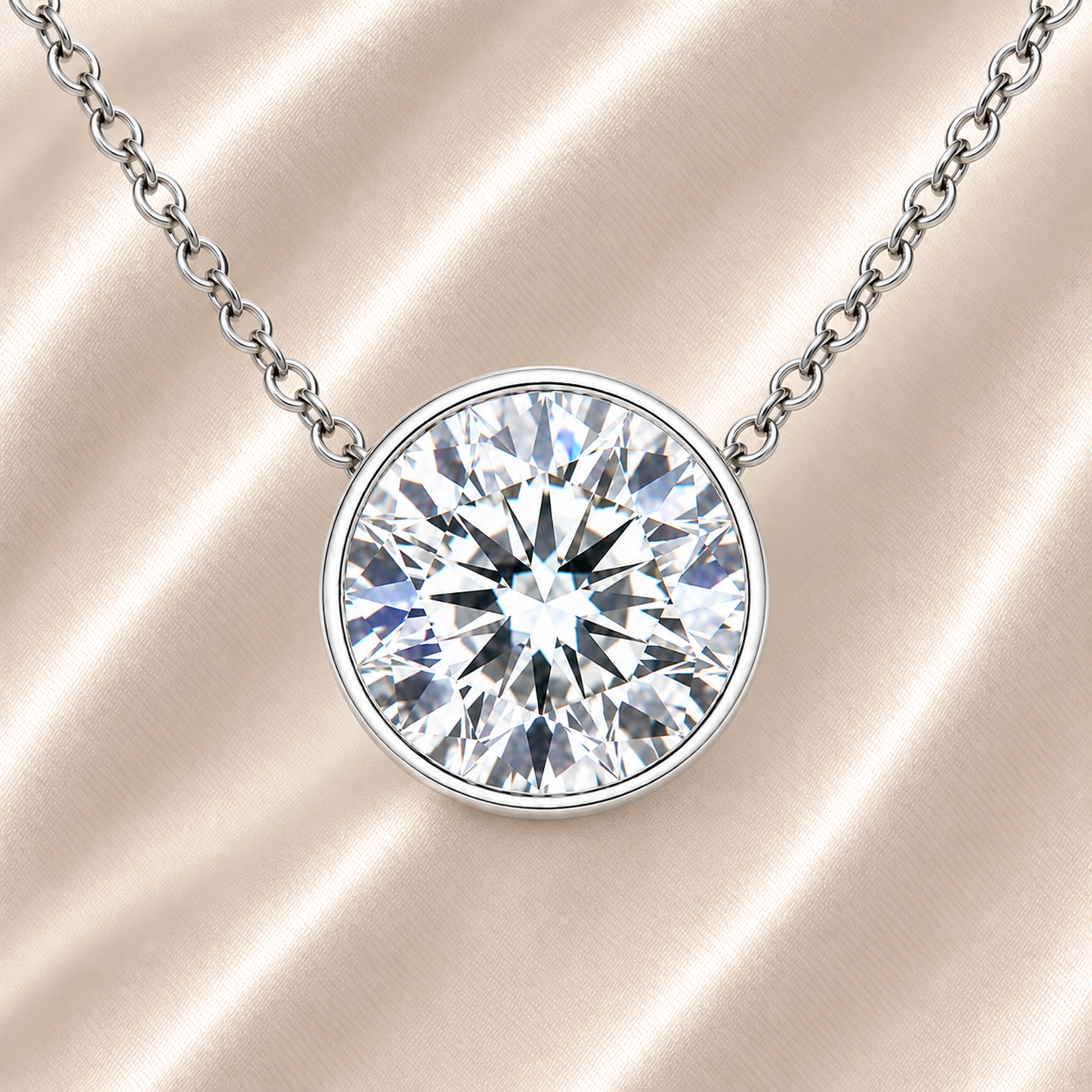 Round moissanite bezel necklace, 9 mm round, crafted in white gold-plated 925 silver. Hypoallergenic and elegant for daily wear. Available now at BSI Jewelry.