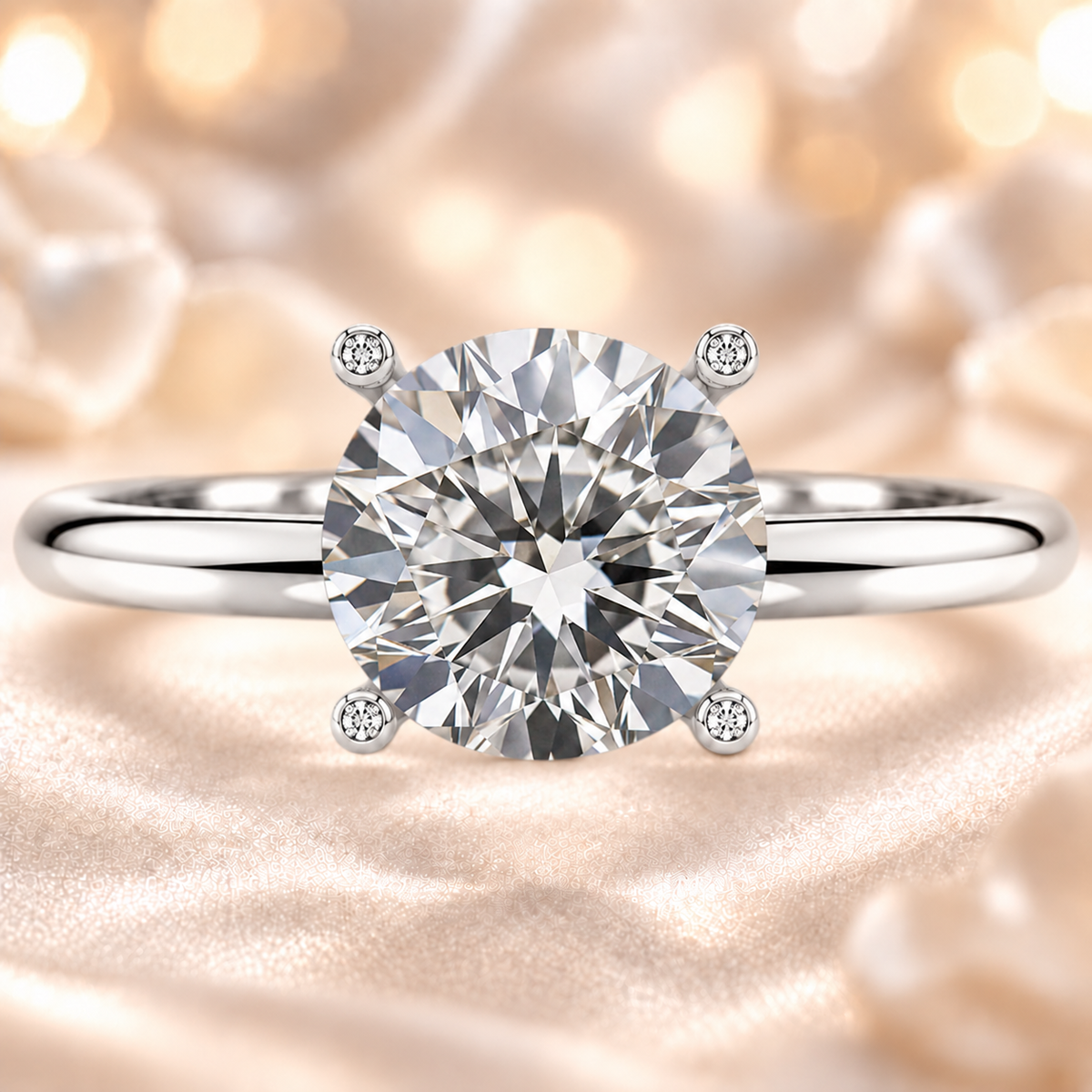 Timeless round moissanite engagement ring with a 6 mm brilliant-cut center stone, crafted in white gold plated 925 silver. Available now at BSI Jewelry.