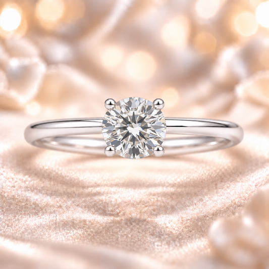 Elegant 6.5 mm Round Brilliant Moissanite Engagement Ring in White Gold Plated 925 Silver. GRA Certified, hypoallergenic and finely crafted by BSI Jewelry.