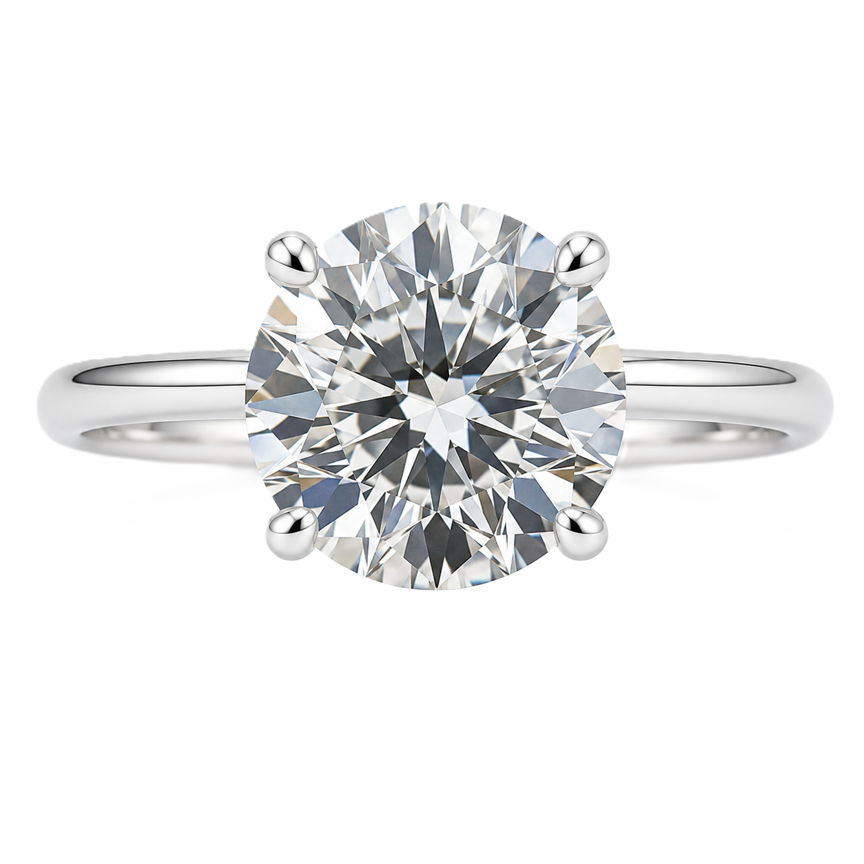 Discover a 9mm Round Brilliant Moissanite engagement ring in white gold plated 925 silver. GRA certified finely crafted by BSI Jewelry.