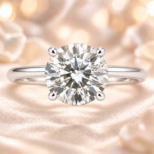 Discover a 9mm Round Brilliant Moissanite engagement ring in white gold plated 925 silver. GRA certified finely crafted by BSI Jewelry.