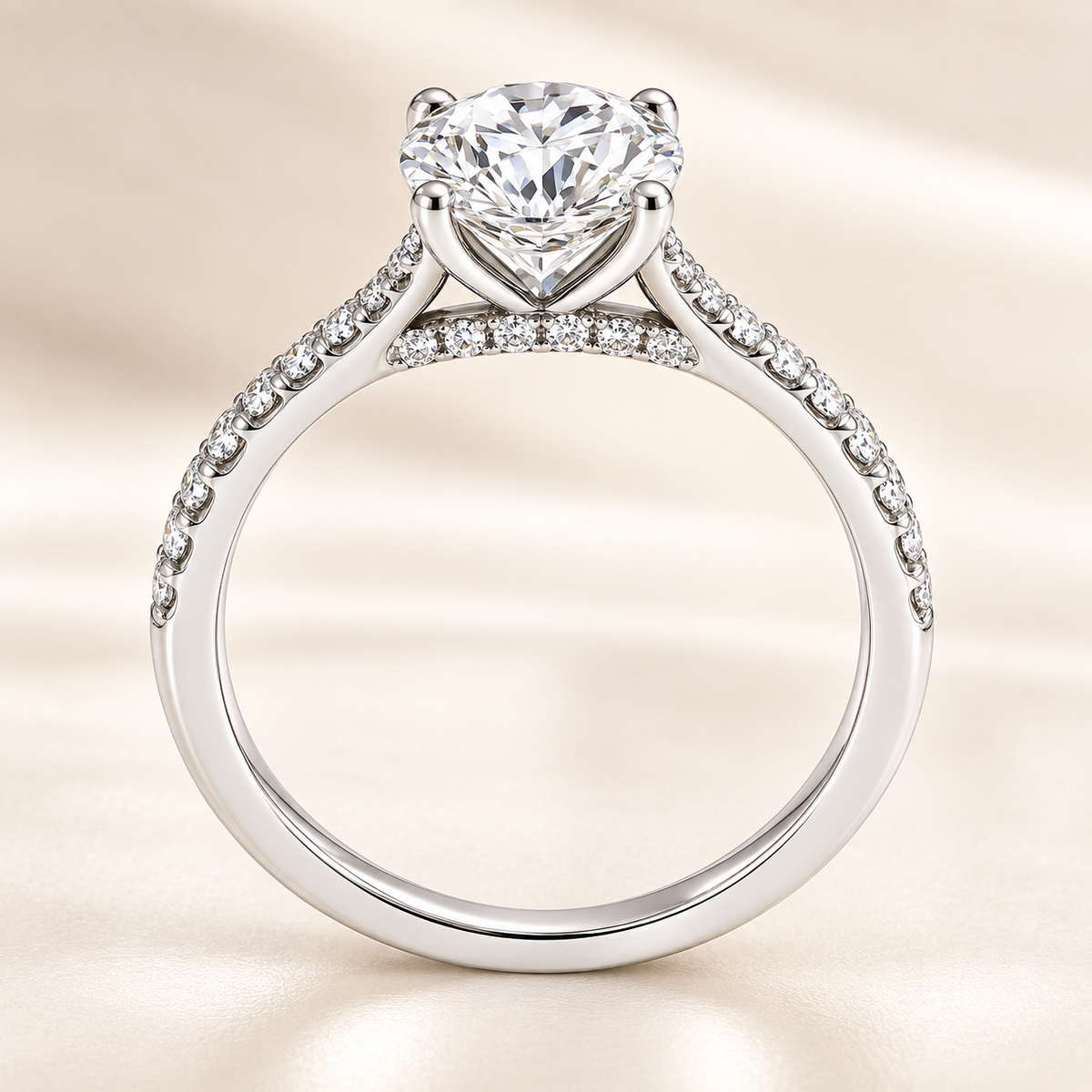 Fall in love with this 6.5mm Round Brilliant Cut Moissanite Engagement Ring in White Gold Plated 925 Silver. GRA Certified, hypoallergenic, and finely crafted by BSI Jewelry.