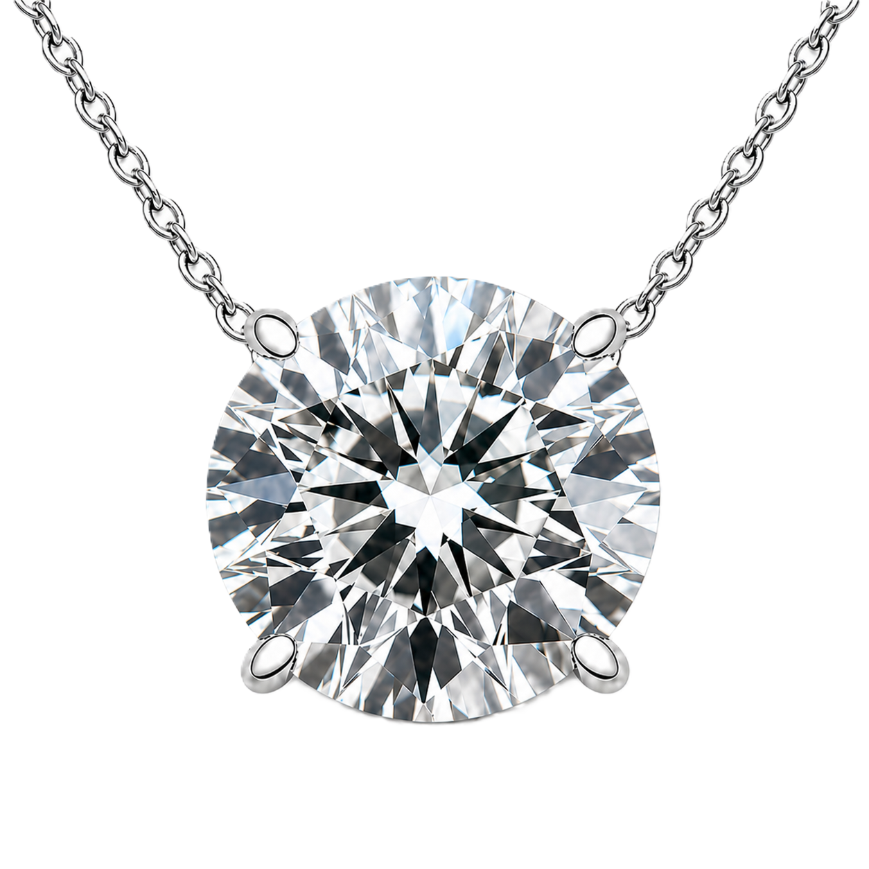 Round moissanite necklace, 10 mm round, crafted in white gold-plated 925 silver. Hypoallergenic and elegant for daily wear. Available now at BSI Jewelry.