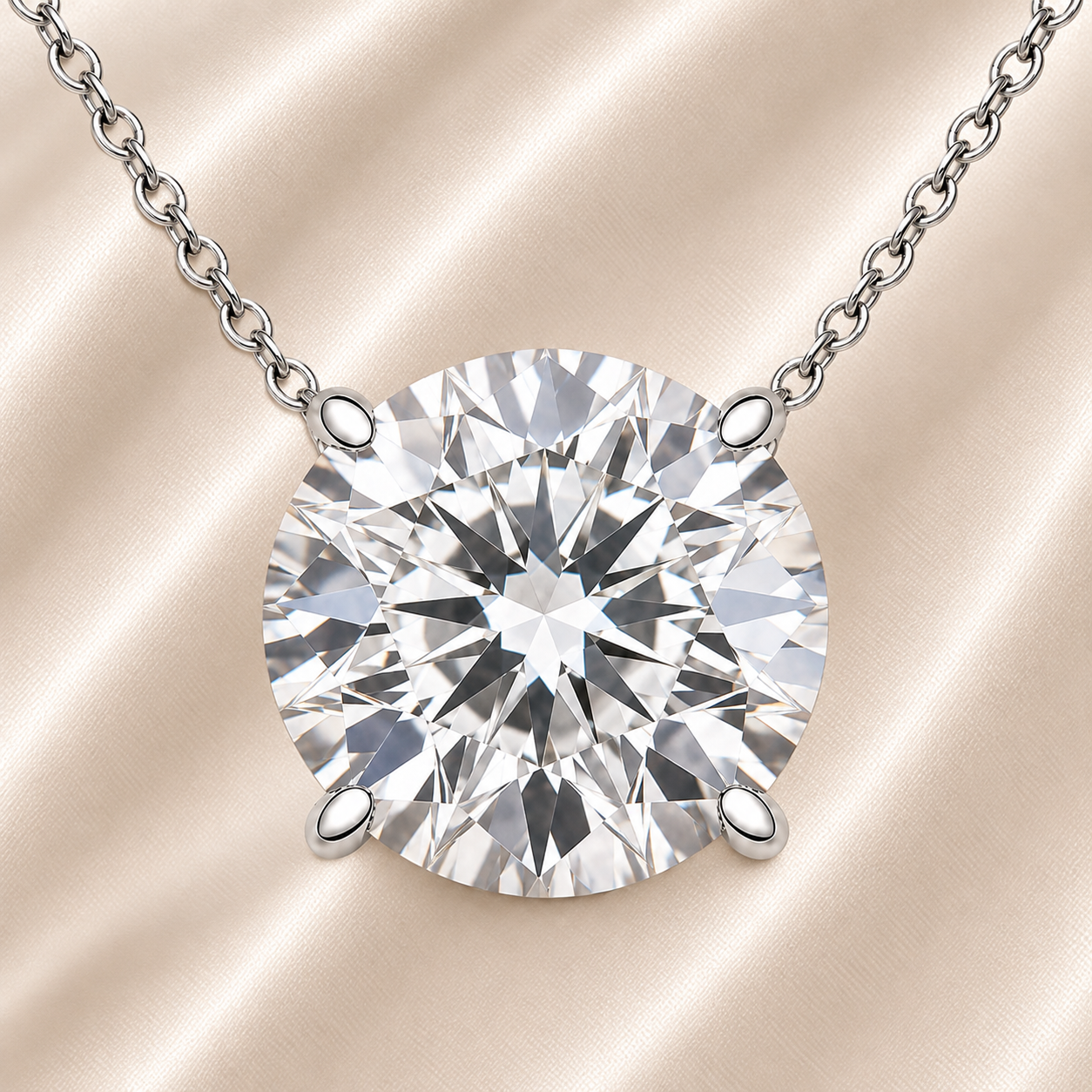 Round moissanite necklace, 10 mm round, crafted in white gold-plated 925 silver. Hypoallergenic and elegant for daily wear. Available now at BSI Jewelry.