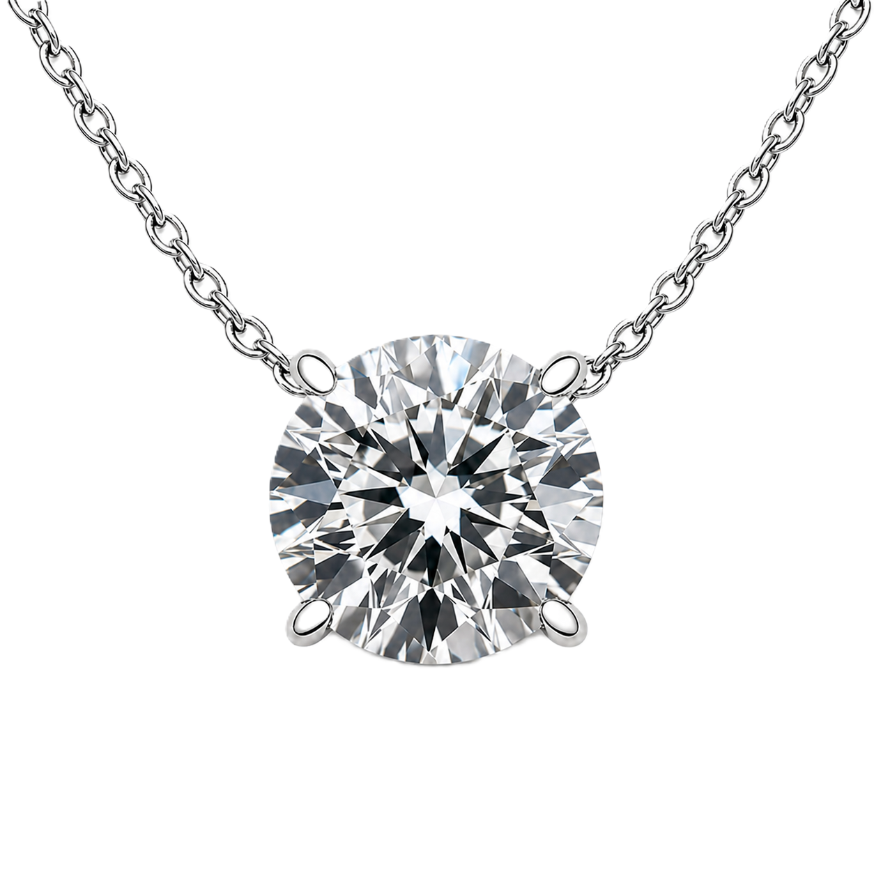 Round moissanite necklace, 6 mm round, crafted in white gold-plated 925 silver. Hypoallergenic and elegant for daily wear. Available now at BSI Jewelry.