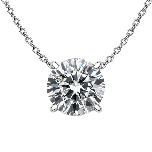 Round moissanite necklace, 6 mm round, crafted in white gold-plated 925 silver. Hypoallergenic and elegant for daily wear. Available now at BSI Jewelry.