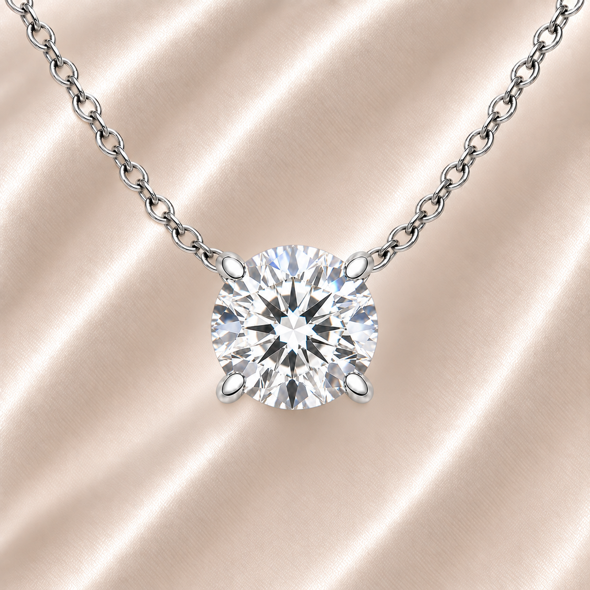 Round moissanite necklace, 6 mm round, crafted in white gold-plated 925 silver. Hypoallergenic and elegant for daily wear. Available now at BSI Jewelry.